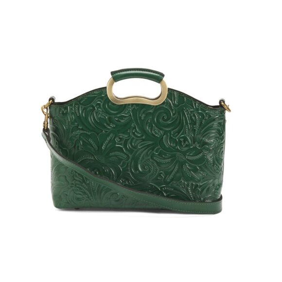 PATRICIA NASH Soft Green Valletta Tooled Leather Satchel With Crossbody Strap